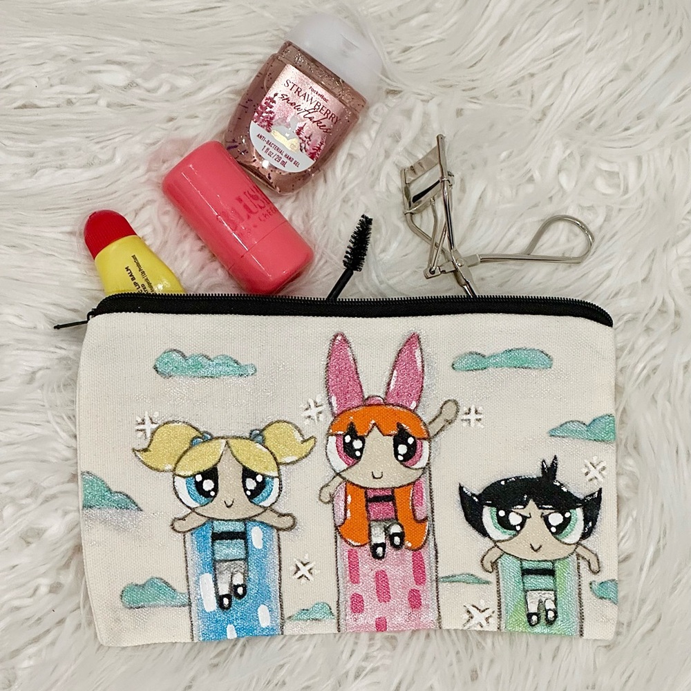 Powerpuff Girls Beauty/Stationary Bag Handmade Acrylic Paints 7 1/2”L x 5”H